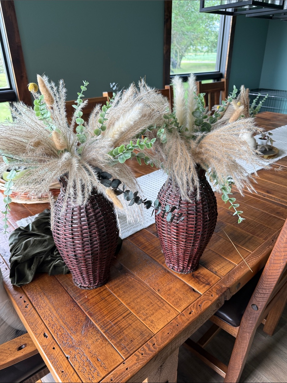 Handwoven Brown Wicker Vase with Dried Pampas and Eucalyptus Arrangement